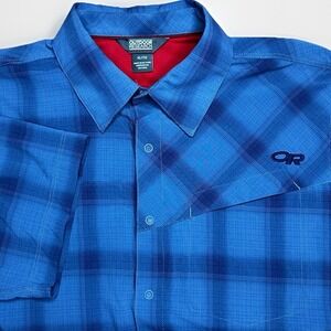 Outdoor Research Astroman Sun Shirt Mens XL Blue Plaid Performance Nylon Hiking